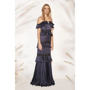 AMUR Ariel Satin Off the Shoulder Pleated Lace Maxi Dress Gown Navy Blue Size 0